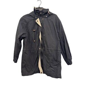 London Fog Hooded Jacket Womens Small Black Tan Lightweight Raincoat Stylish